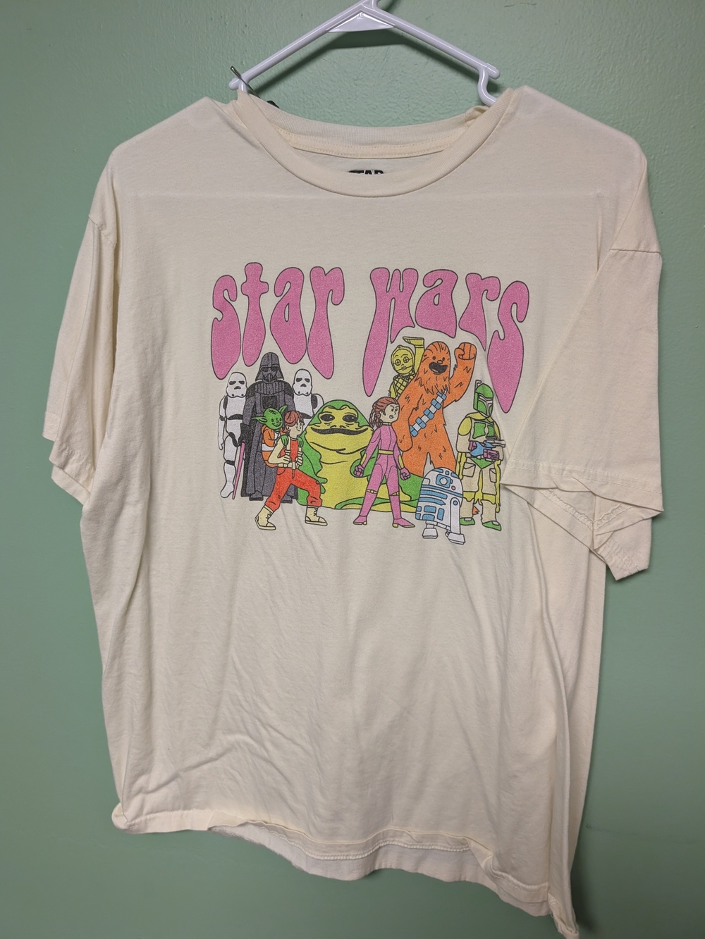 Star Wars Cream Tee with Pink Logo and Multicolor Character Print